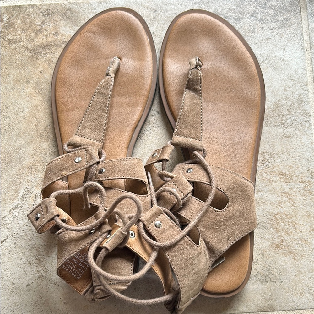 Tan T-Strap Sandals with Ruffled Straps